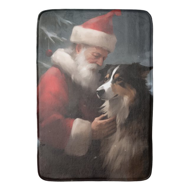 Border Collie With Santa Claus Festive Christmas Bath Mat (Front Vertical)