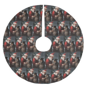 Border Collie With Santa Claus Festive Christmas Brushed Polyester Tree Skirt