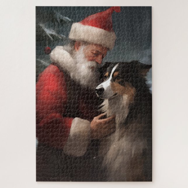 Border Collie With Santa Claus Festive Christmas Jigsaw Puzzle (Vertical)