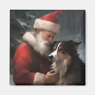 Border Collie With Santa Claus Festive Christmas Magnet