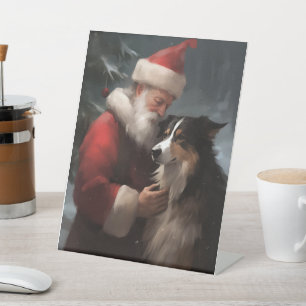 Border Collie With Santa Claus Festive Christmas Pedestal Sign