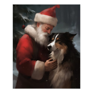 Border Collie With Santa Claus Festive Christmas Poster