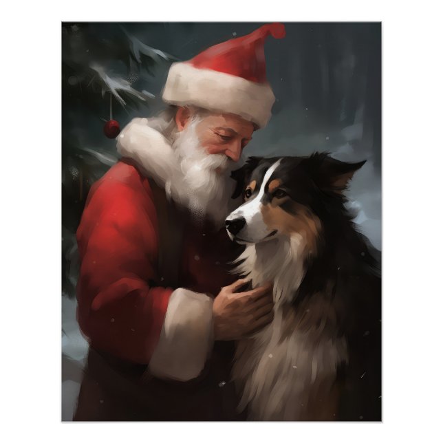 Border Collie With Santa Claus Festive Christmas Poster (Front)