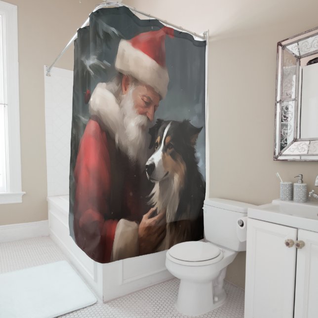 Border Collie With Santa Claus Festive Christmas Shower Curtain (In Situ)