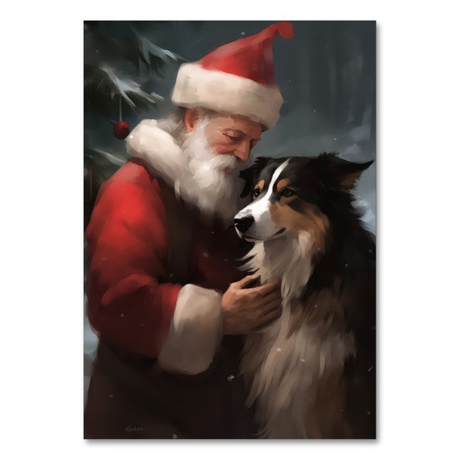 Border Collie With Santa Claus Festive Christmas Table Number (Front)