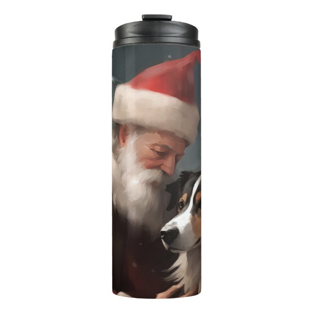 Border Collie With Santa Claus Festive Christmas Thermal Tumbler (Front)