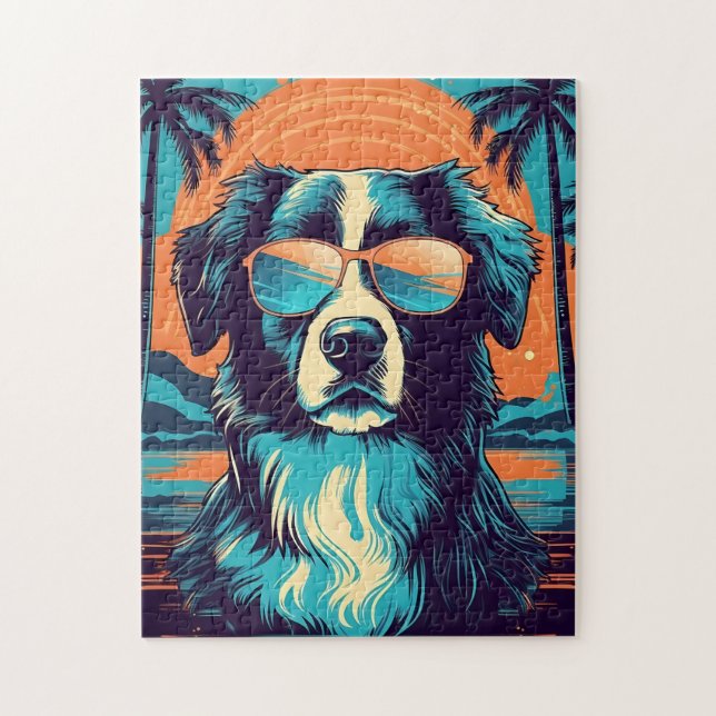 Border Collie with sunglasses at a tropical beach Jigsaw Puzzle (Vertical)