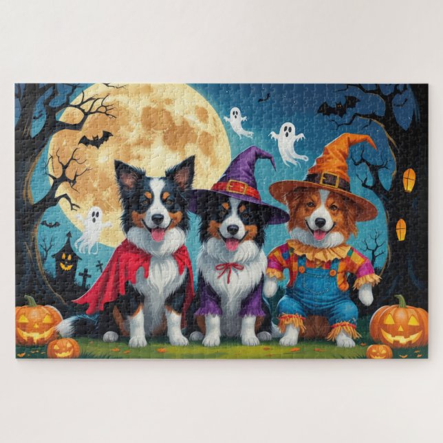 Border Collies Dogs Pumpkin Halloween Funny Jigsaw Puzzle (Horizontal)