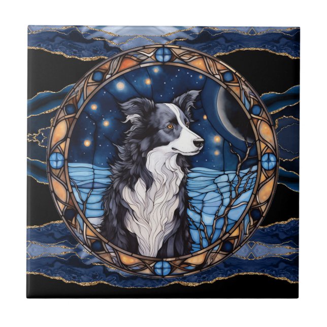 Border Collies on a Starry Night Ceramic Tile (Front)