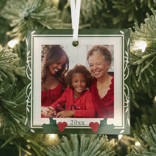 Border Green White Holly Family Christmas Glass Tree Decoration (Insitu)