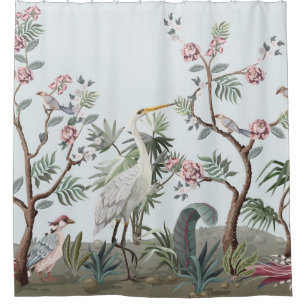 Border in chinoiserie style with storks and peonie shower curtain