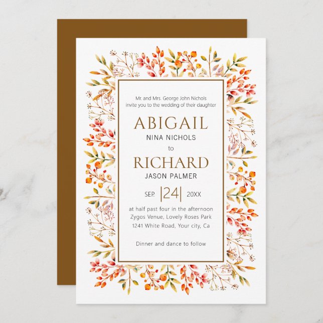 Border of leaves and berries brown wedding invitation (Front/Back)