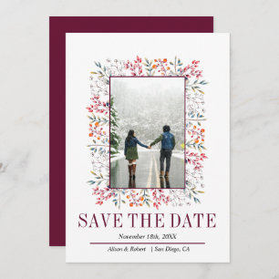 Border of leaves and berries burgundy wedding save the date