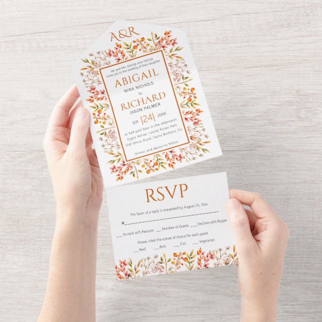 Border of leaves and berries burnt orange wedding all in one invitation (Tearaway)