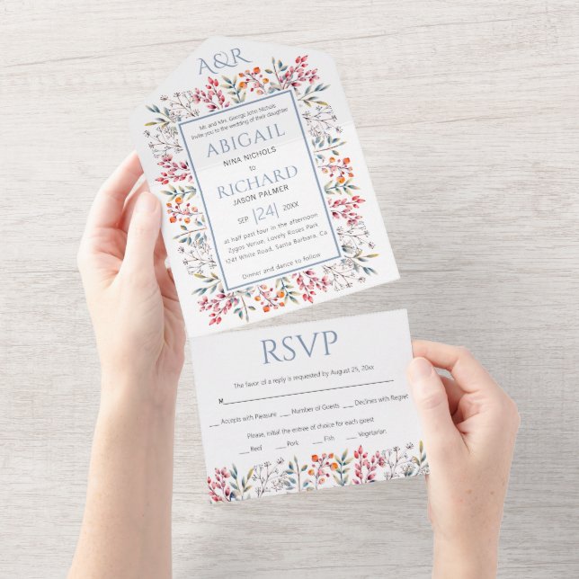 Border of leaves and berries dusty blue wedding al all in one invitation (Tearaway)