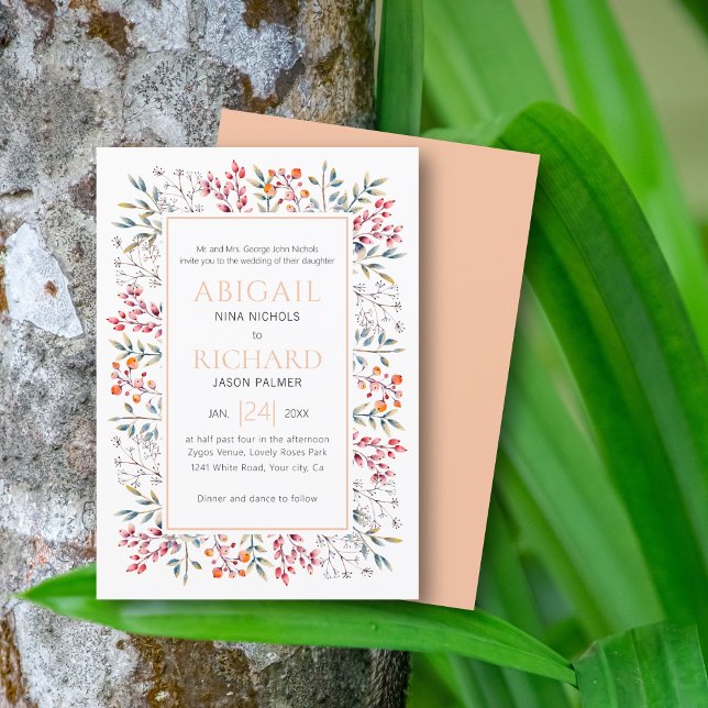 Border of leaves and berries peach wedding invitation (Creator Uploaded)