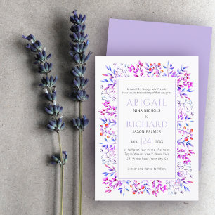Border of leaves, berries lavender purple wedding invitation