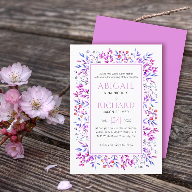 Border of leaves, berries pink purple wedding invitation (Creator Uploaded)