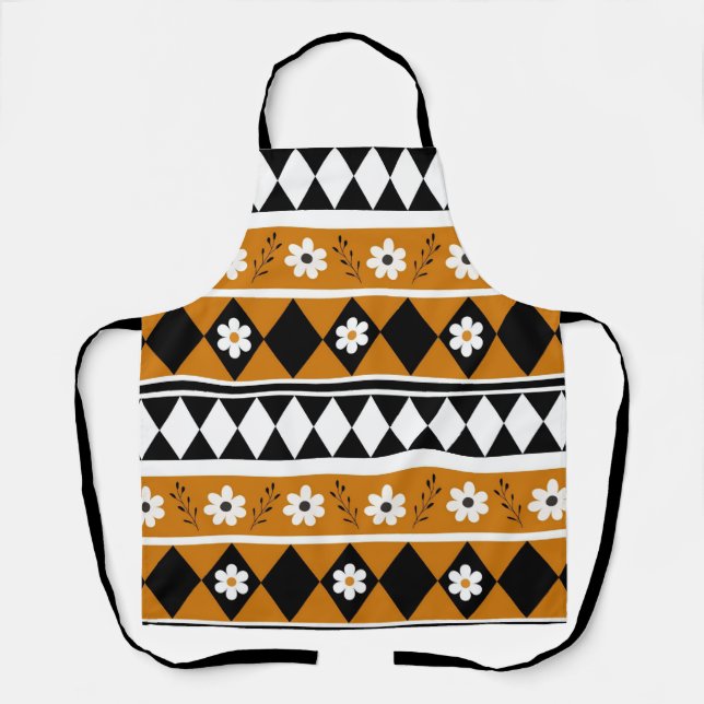 Border Stripe Flower Diamond Boho Floral Pattern Apron (Front)