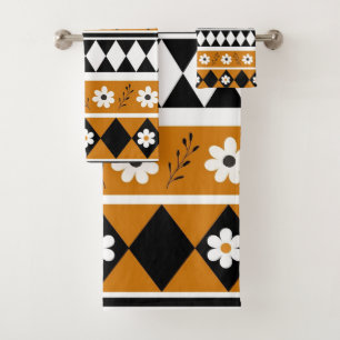 Border Stripe Flower Diamond Boho Floral Pattern Bath Towel Set