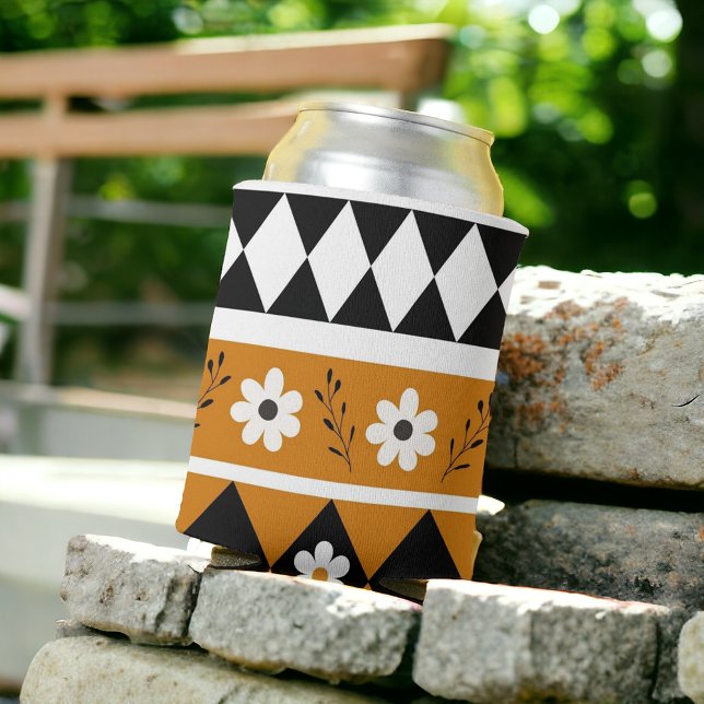 Border Stripe Flower Diamond Boho Floral Pattern Can Cooler (Creator Uploaded)