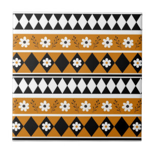 Border Stripe Flower Diamond Boho Floral Pattern Ceramic Tile