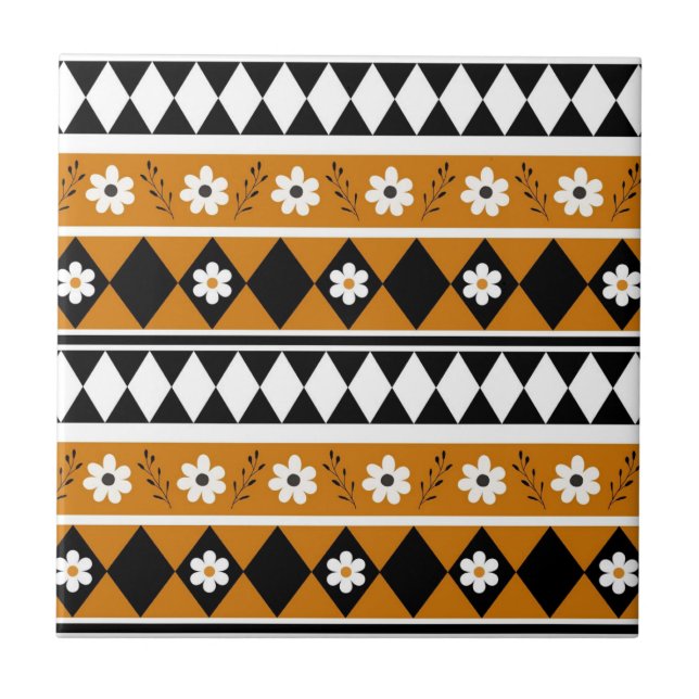 Border Stripe Flower Diamond Boho Floral Pattern Ceramic Tile (Front)