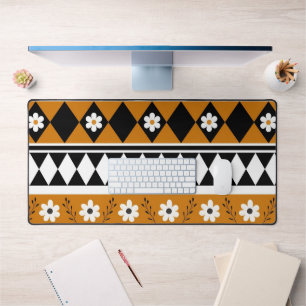 Border Stripe Flower Diamond Boho Floral Pattern Desk Mat