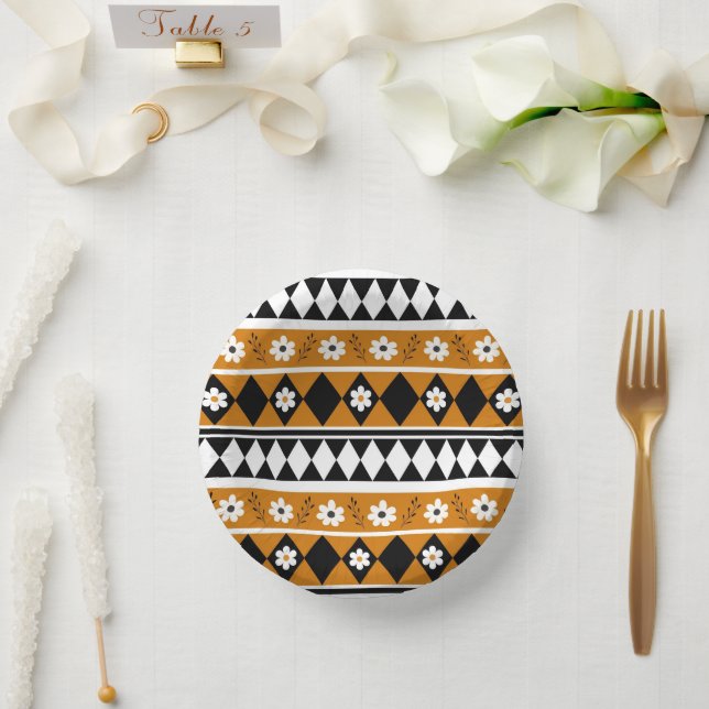 Border Stripe Flower Diamond Boho Floral Pattern Paper Plate (Wedding)