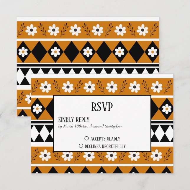 Border Stripe Flower Diamond Boho Floral Pattern RSVP Card (Front/Back)