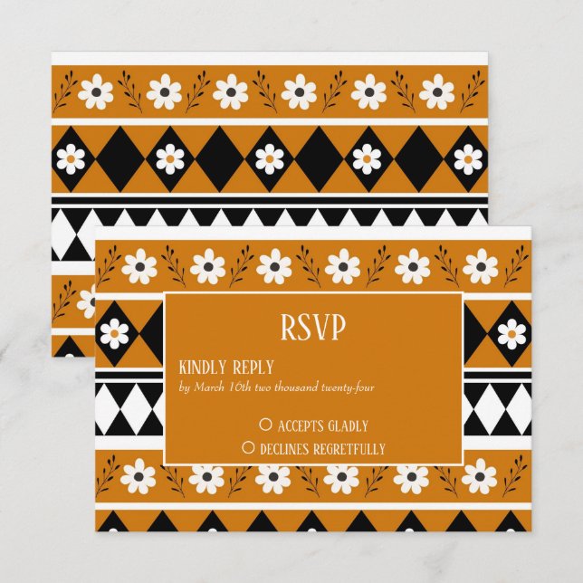 Border Stripe Flower Diamond Boho Floral Pattern RSVP Card (Front/Back)