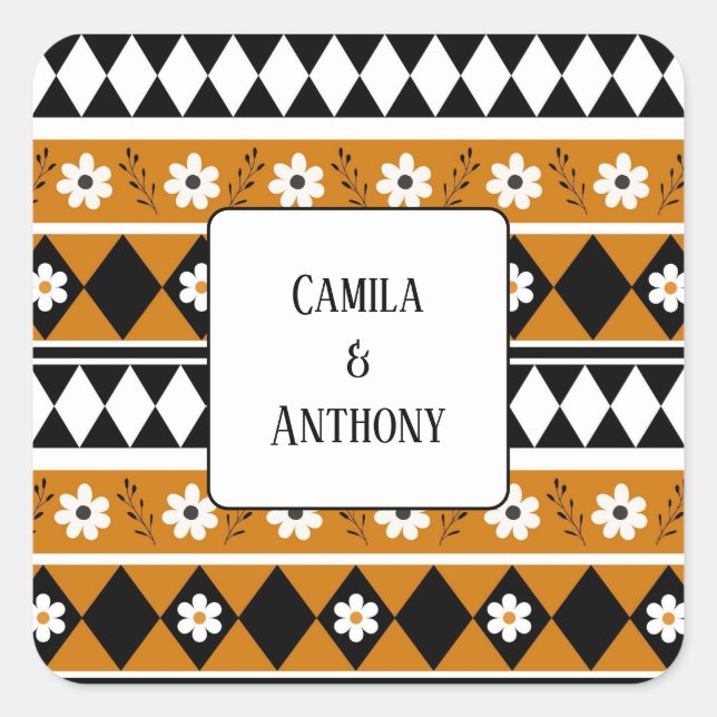 Border Stripe Flower Diamond Boho Floral Pattern Square Sticker (Front)