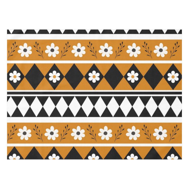 Border Stripe Flower Diamond Boho Floral Pattern Tablecloth (Front (Horizontal))