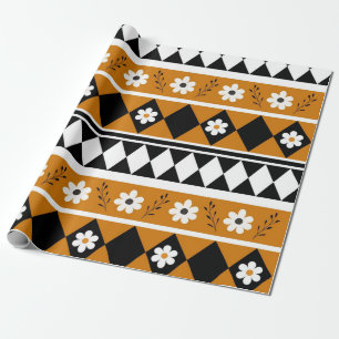 Border Stripe Flower Diamond Boho Floral Pattern Wrapping Paper
