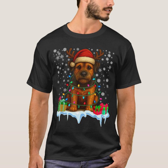 Border Terrier Christmas Santa Hat Reindeer Pajama T-Shirt (Front)