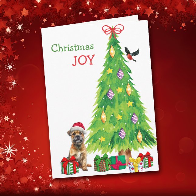Border Terrier Dog, Bird and Christmas Tree Holiday Card (Creator Uploaded)