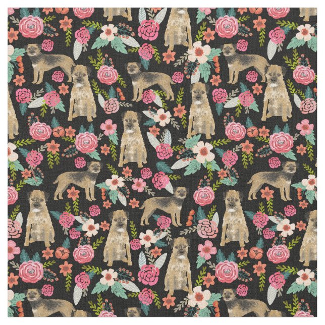 border terrier dog black florals fabric (Close Up)