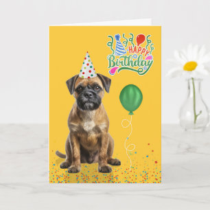 Border Terrier Dog Party Hat Yellow Birthday Card
