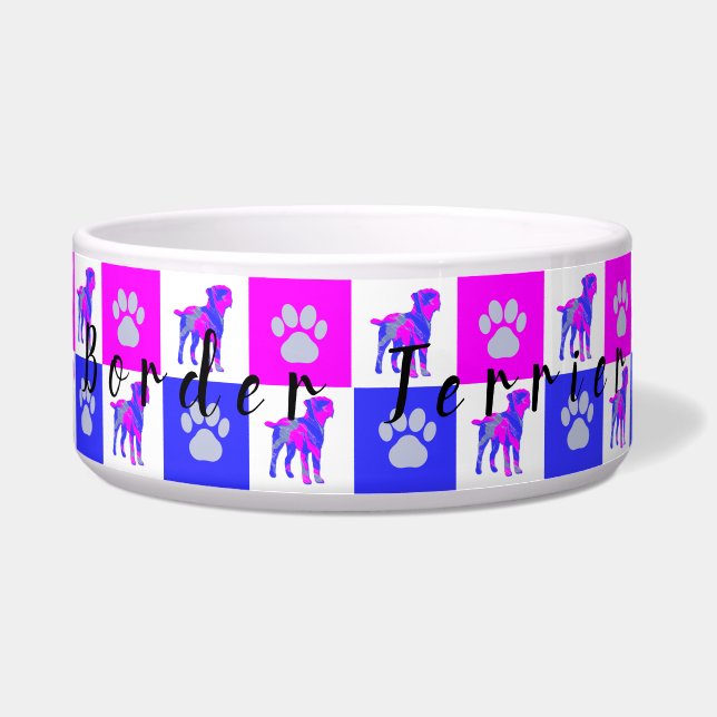Border Terrier Dog & Paw Hot Pink and Blue Bowl (Front)