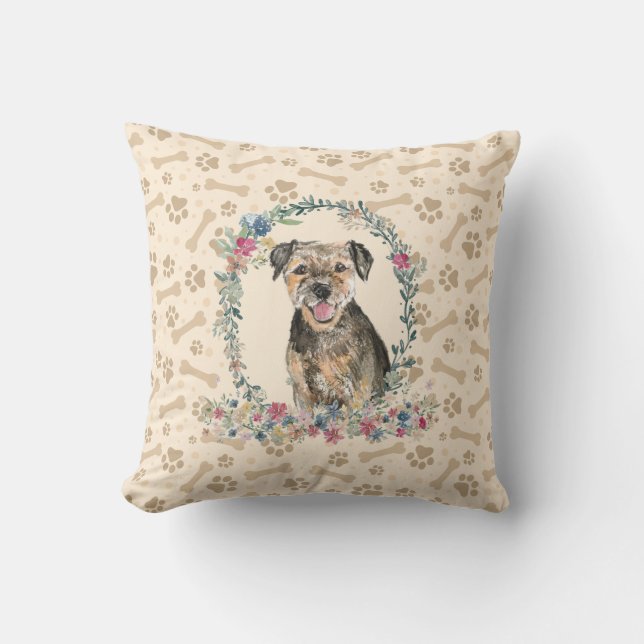 Border Terrier Dog Paw Print & Floral Cute Cushion (Front)