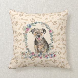 Border Terrier Dog Paw Print & Floral Cute Cushion
