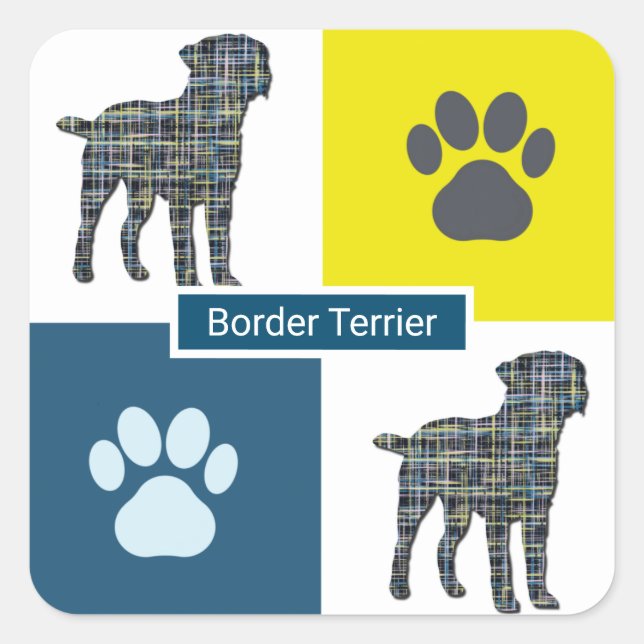 Border Terrier Dog & Paw Y&B Grid Square Sticker (Front)