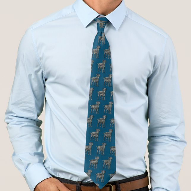 Border Terrier Dog Silhouette Y&B Grid Blue Tie (Border terrier dog silhouette grid pattern abstract on blue tie)