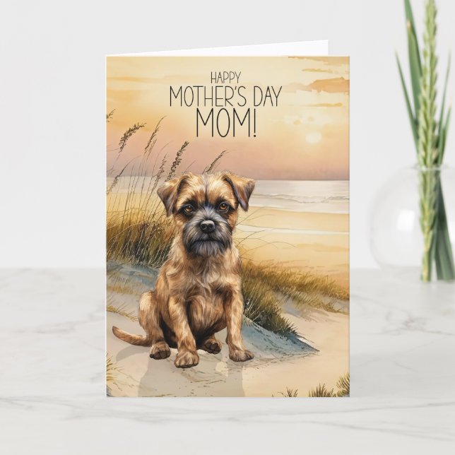 Border Terrier Dog Sunset Beach Mother's Day Holiday Card (Front)