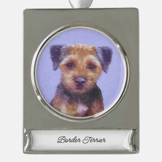 Border Terrier Painting - Cute Original Dog Art Silver Plated Banner Ornament (Front)
