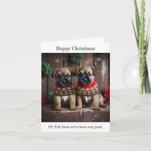 Border Terrier Puppies in Christmas Sweaters Card (Front)