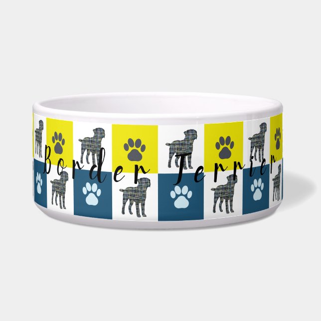 Border Terrier Silhouette & Paw Yellow & Blue Grid (Front)