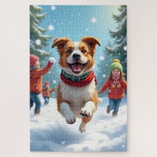 Border Terrier Snowball Fight Christmas Painting Jigsaw Puzzle