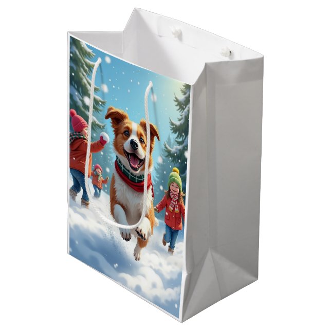 Border Terrier Snowball Fight Christmas Painting Medium Gift Bag (Front Angled)