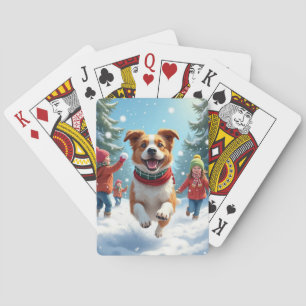Border Terrier Snowball Fight Christmas Painting Playing Cards